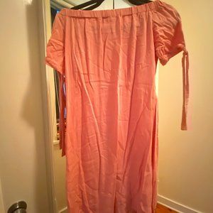 Linen and cotton blend off shoulder dress